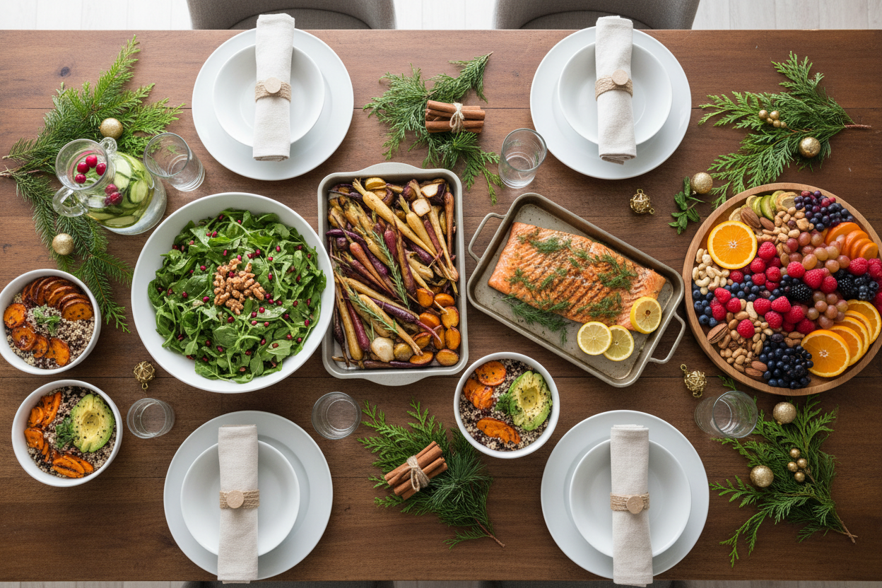 una imagen de una mesa con comida saludable y navideña, rustica, limpia y aesthetic